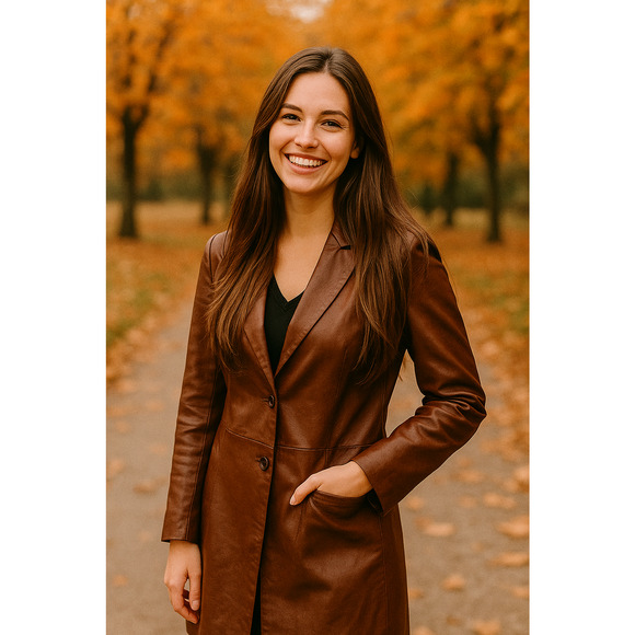 Vintage Express Women’s Brown Genuine Leather Long Jacket Coat Y2K Size 9/10 - Picture 9 of 9